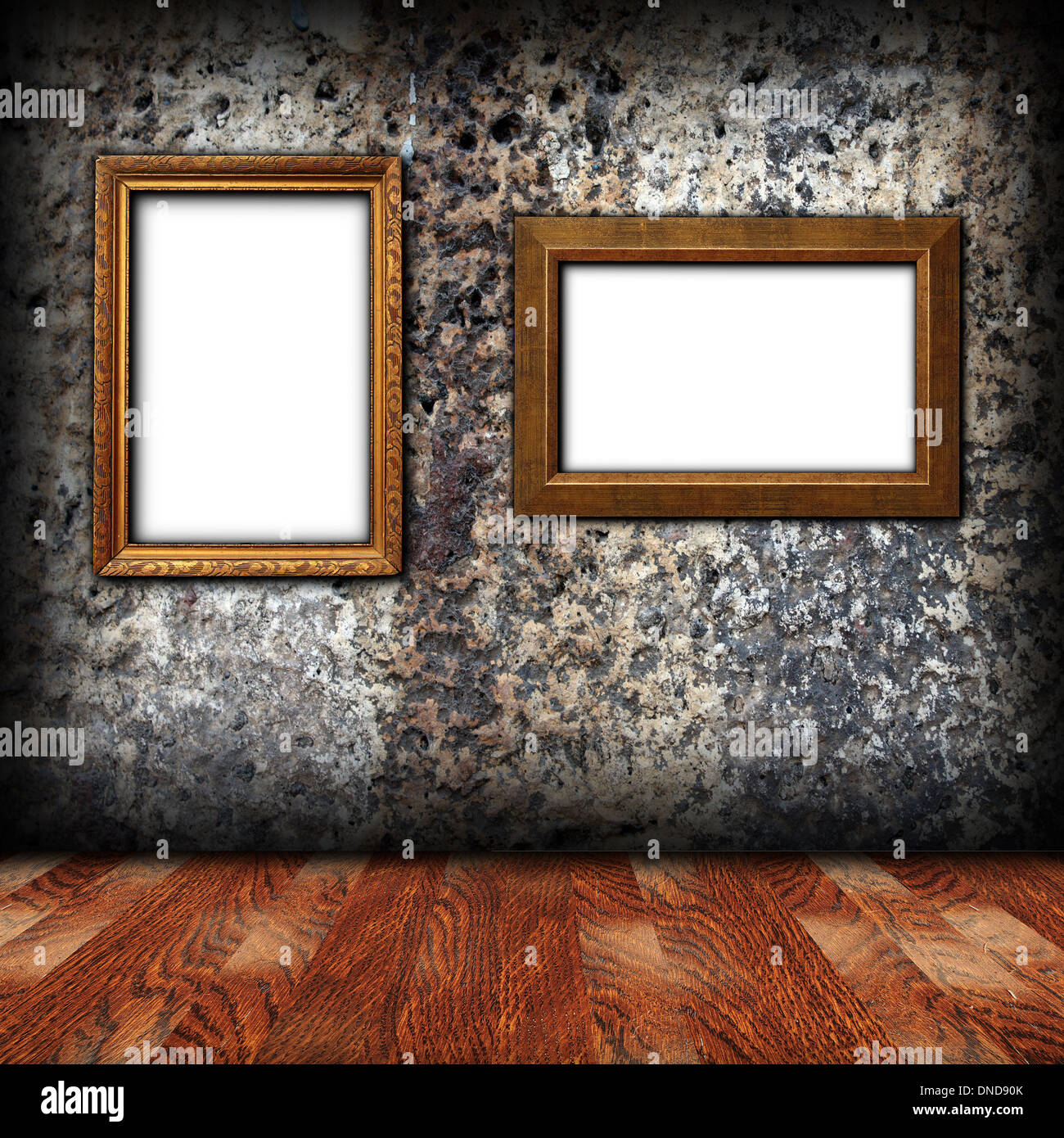 two wooden empty frames on weathered wall for design Stock Photo