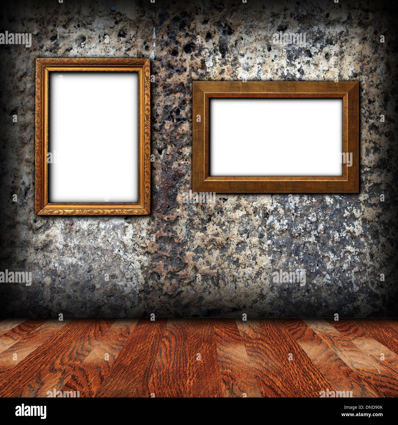 two wooden empty frames on weathered wall for design Stock Photo Alamy
