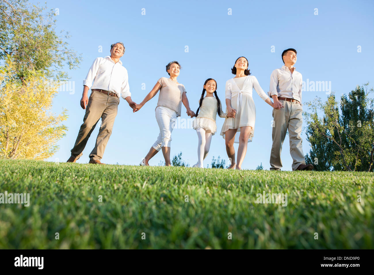 Happy family holding hands in a park Stock Photo - Alamy