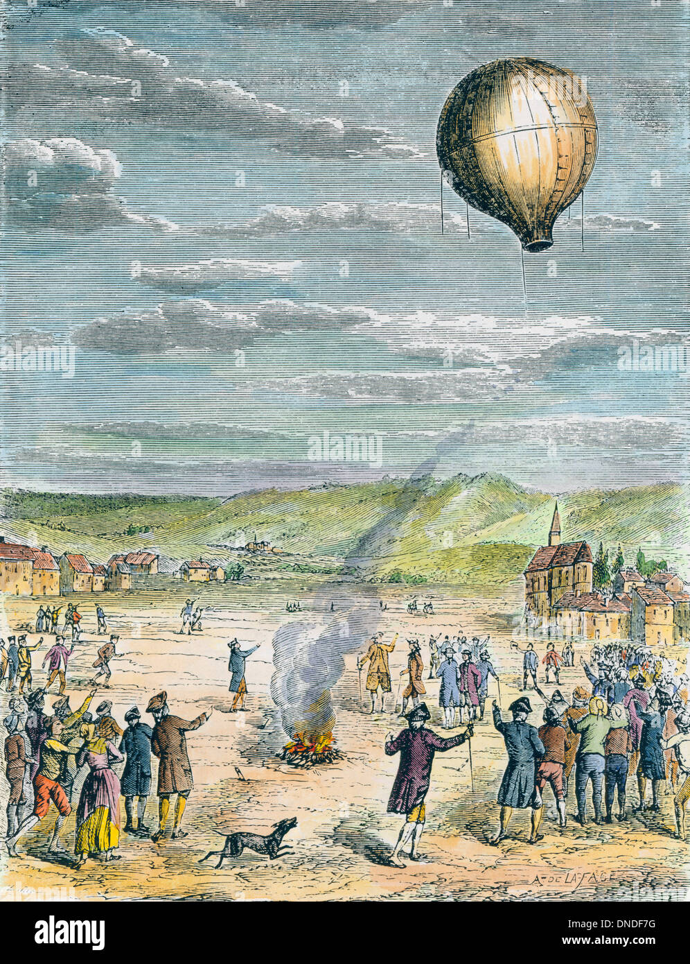 First unmanned hot-air balloon ascent, 1783. Stock Photo