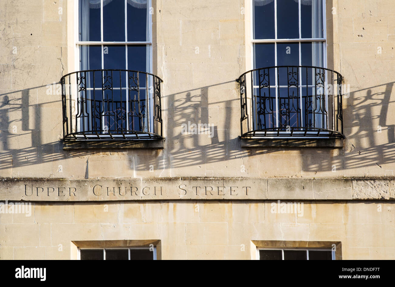 Ornamental basket balconies on a building in Upper Church Street in the city of Bath Somerset UK Stock Photo