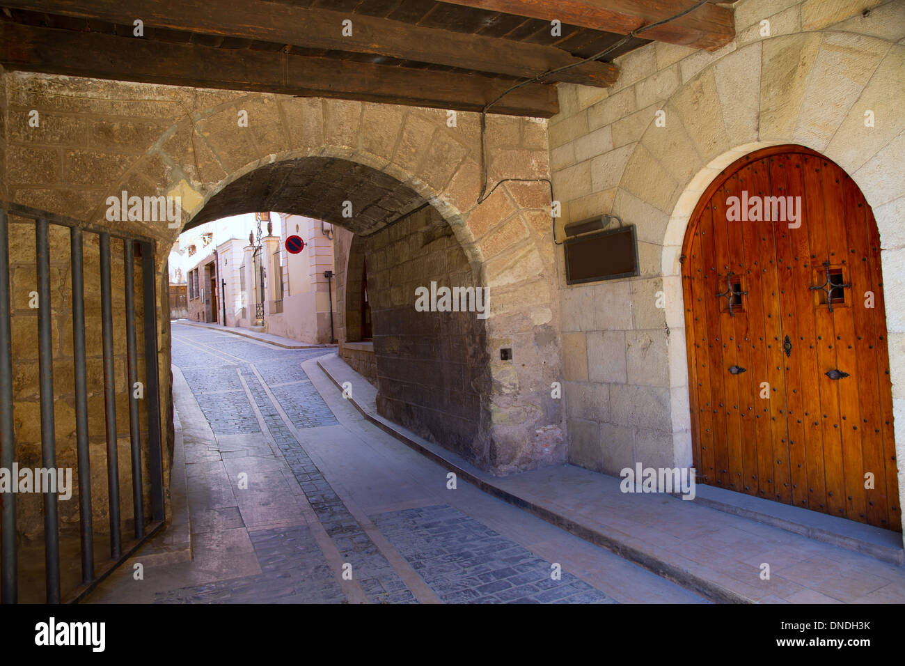 Mora de Rubielos masonry arches in Teruel Aragon stonewall village Maestrazgo Spain Stock Photo