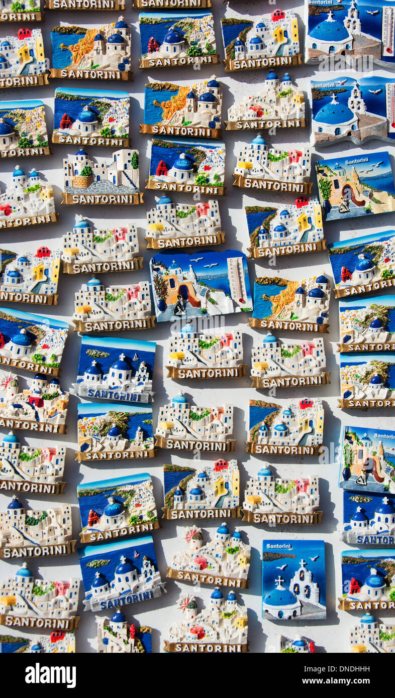 SANTORINI (THIRA), CYCLADES, GREECE. Lots of colourful fridge magnets for sale in a souvenir shop. 2013. Stock Photo