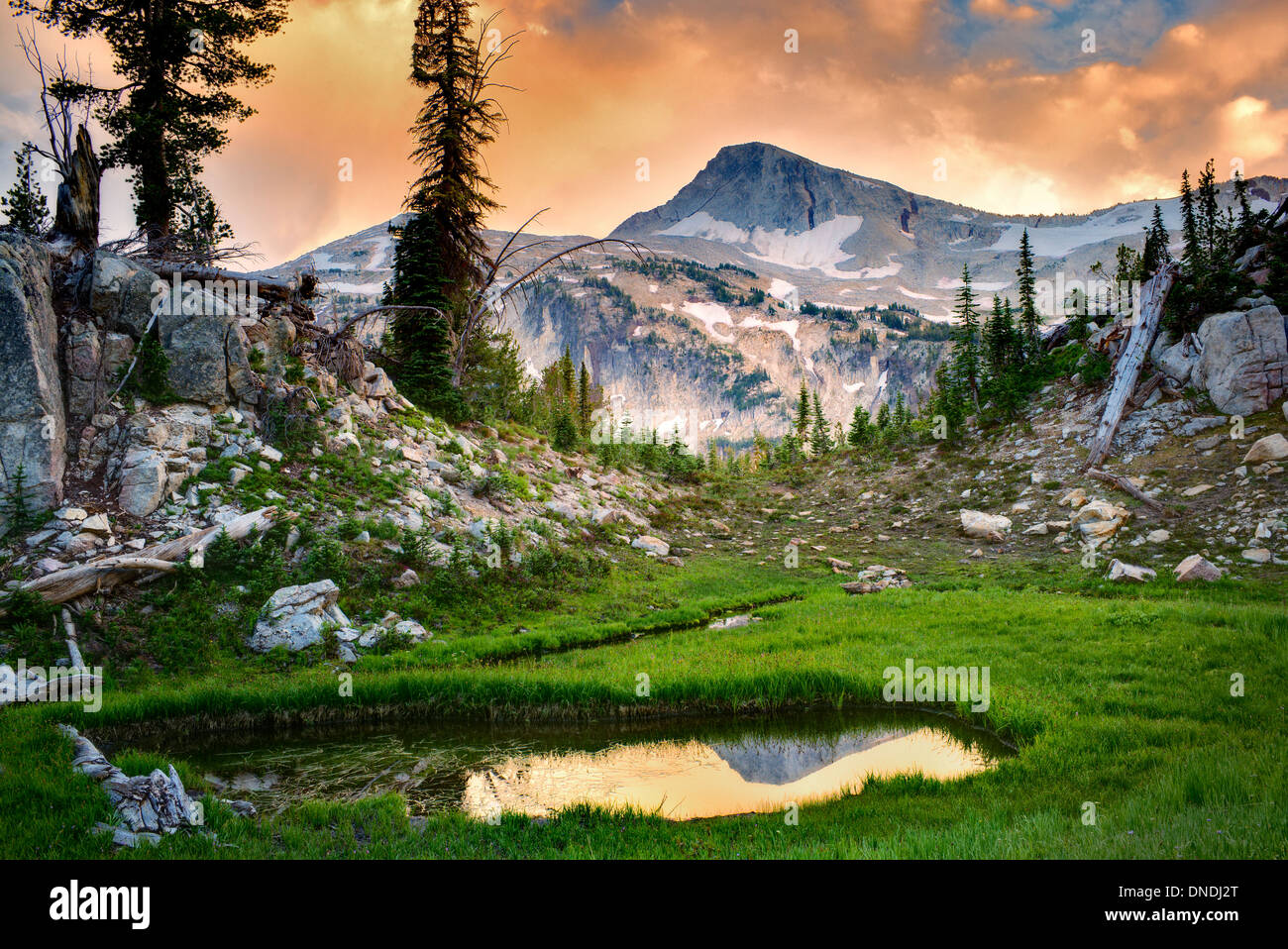 Small pond reflecting Eagle Cap Mountain. Eagle Cap wilderness, Oregon Stock Photo