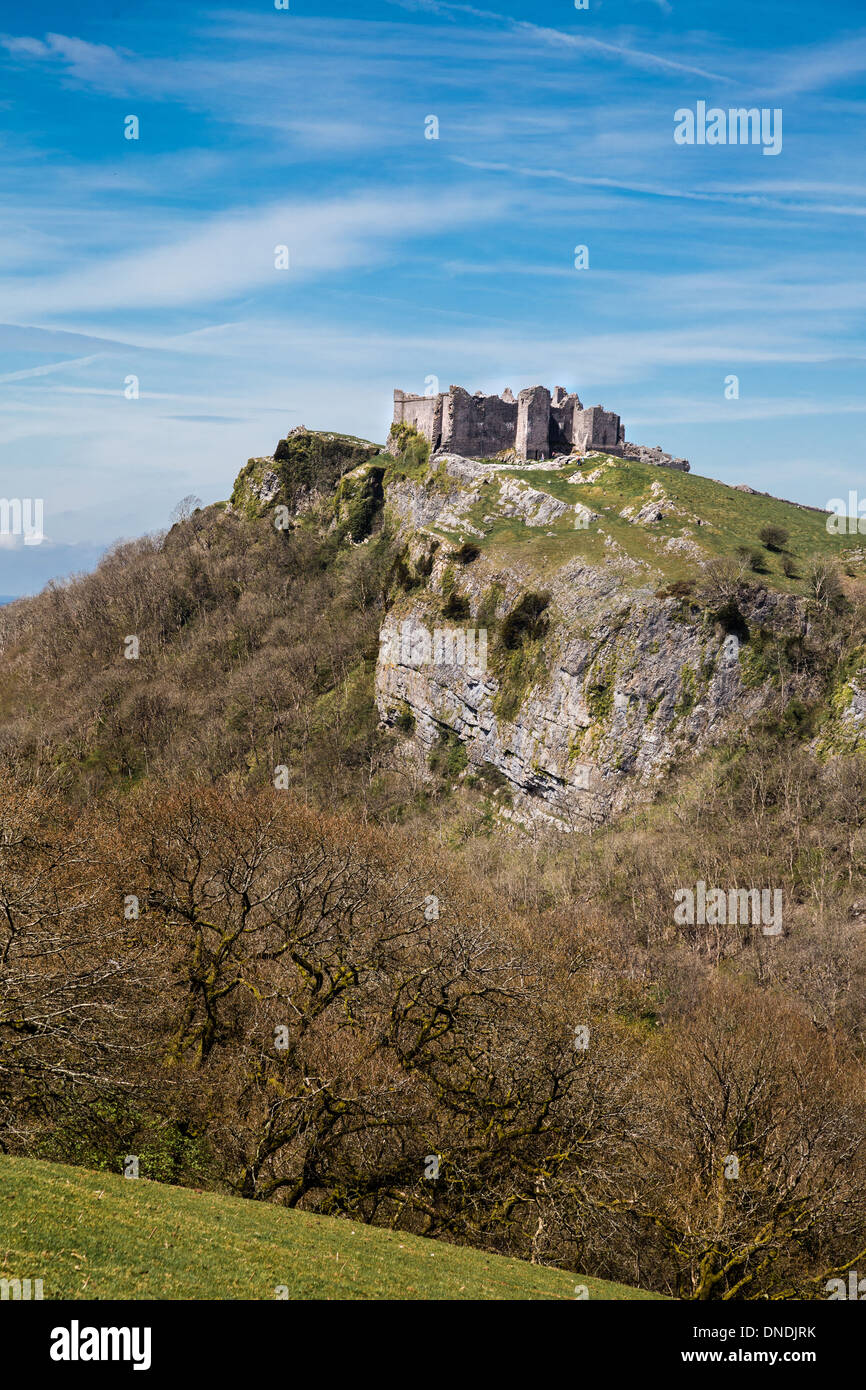Carreg Cennen Castle dramatically sited on a lofty limestone crag in the Brecon beacons of South Wales UK Stock Photo