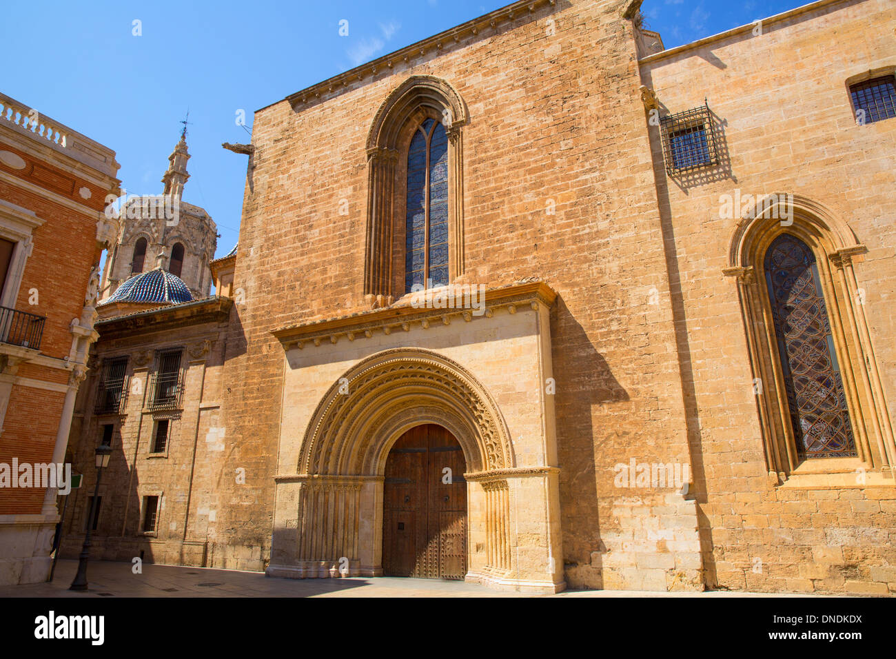 Valencia Cathedral romanesque door Puerta del Palau Almoina and Miguelete at Spain Stock Photo