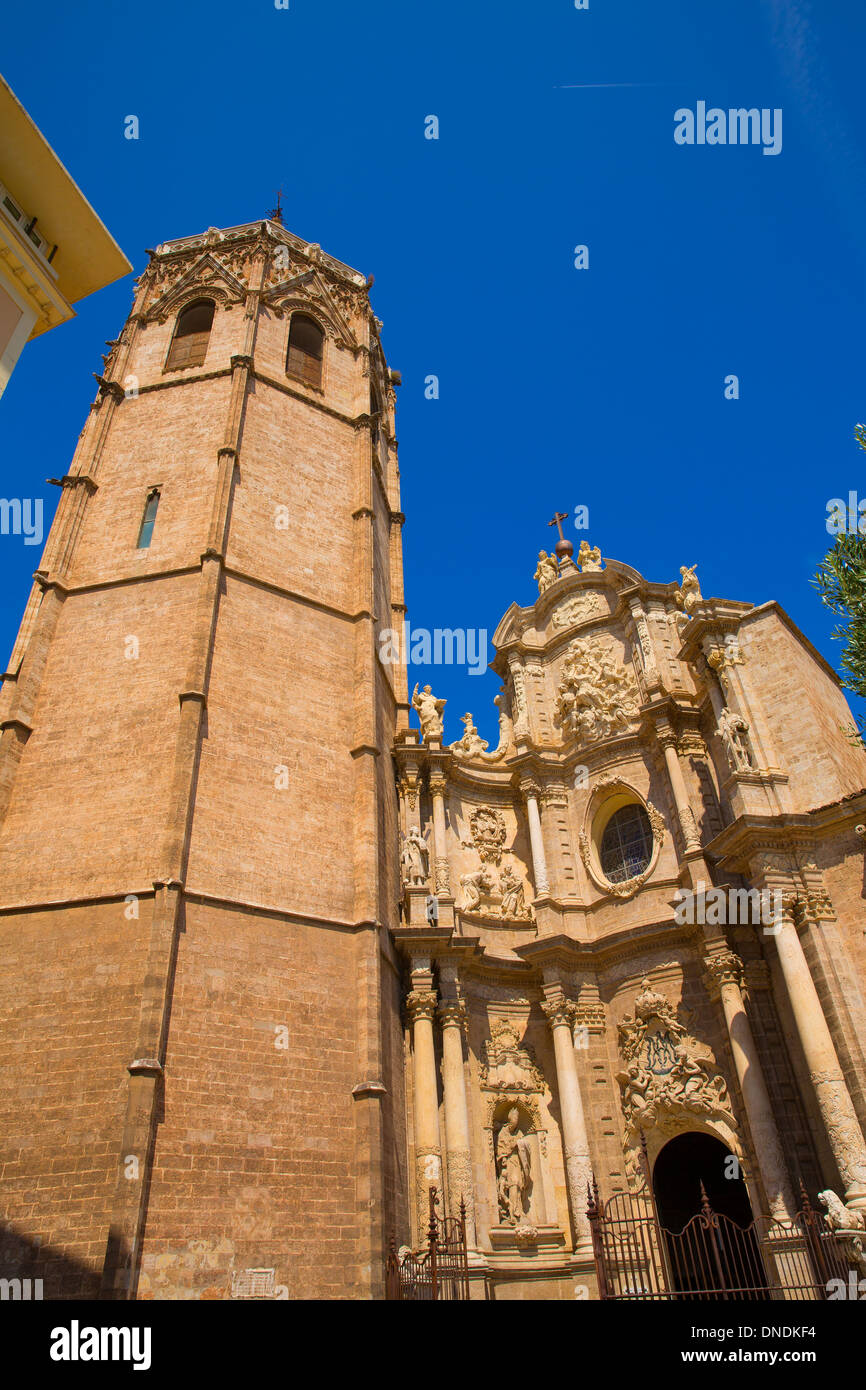 Valencia Cathedral facade and Miguelete Micalet in Plaza de la Reina at Spain Stock Photo