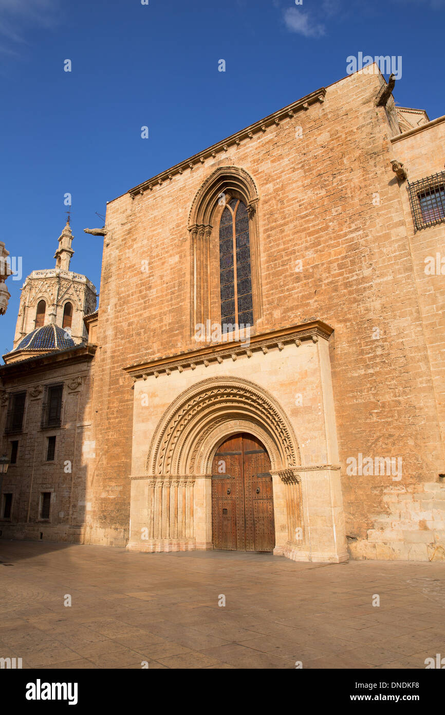 Valencia Cathedral romanesque door Puerta del Palau Almoina and Micalet Seu at Spain Stock Photo