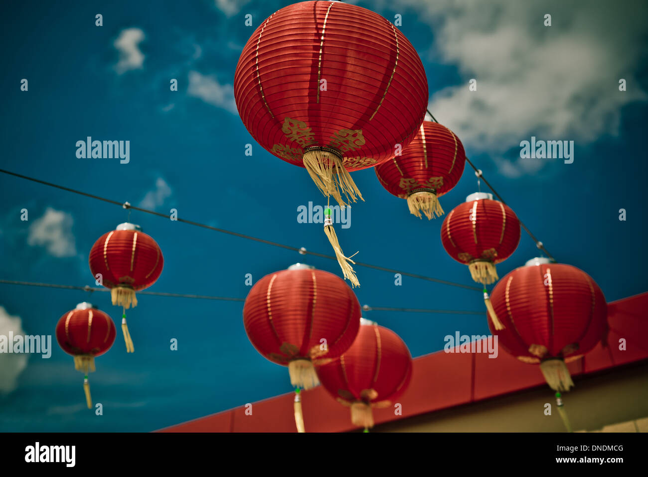 Red Chinese Paper Lanterns against a Blue Sky. Horizontal shot Stock ...