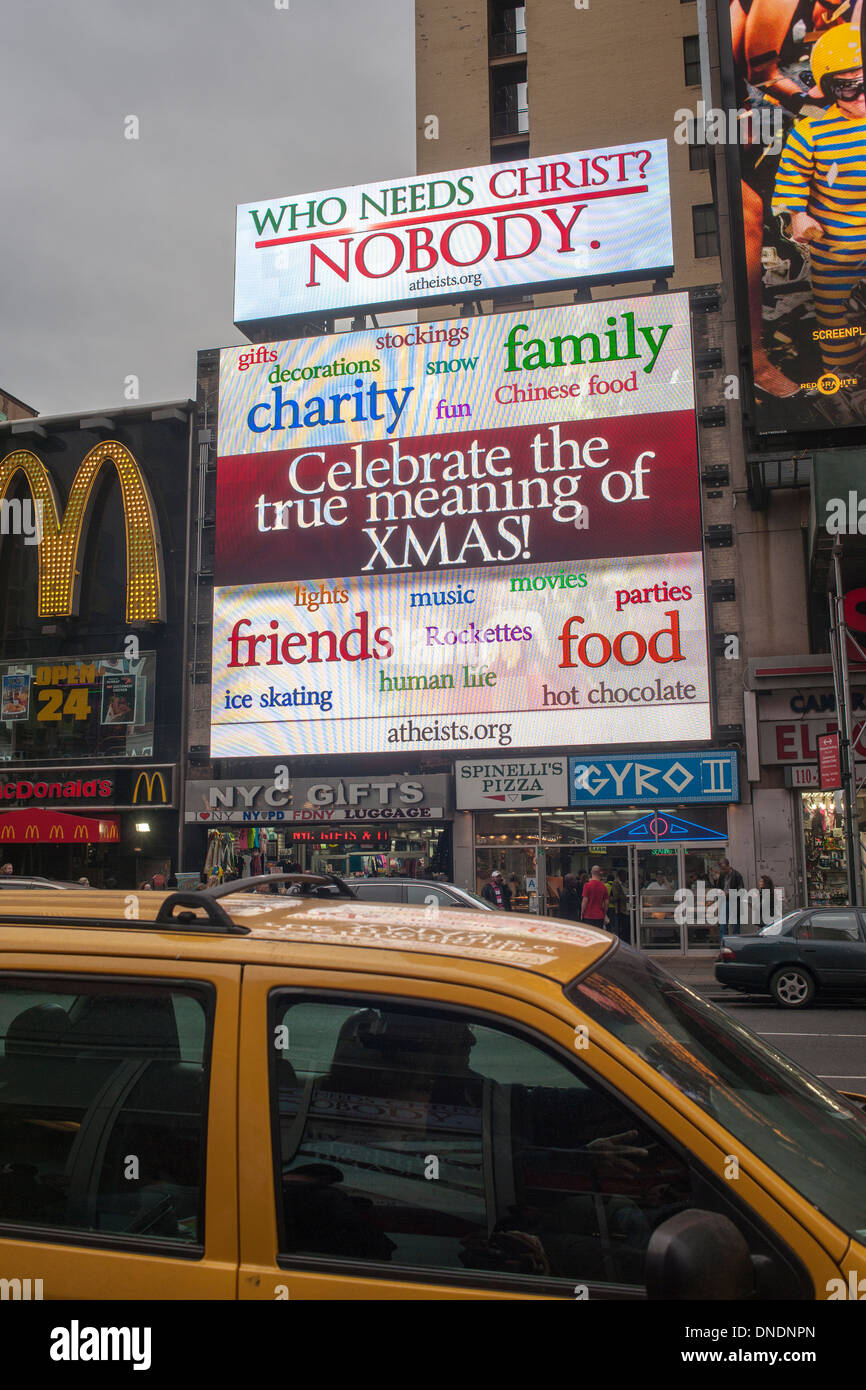A digital billboard from the American Atheists organization in the Herald Square district of New York Stock Photo