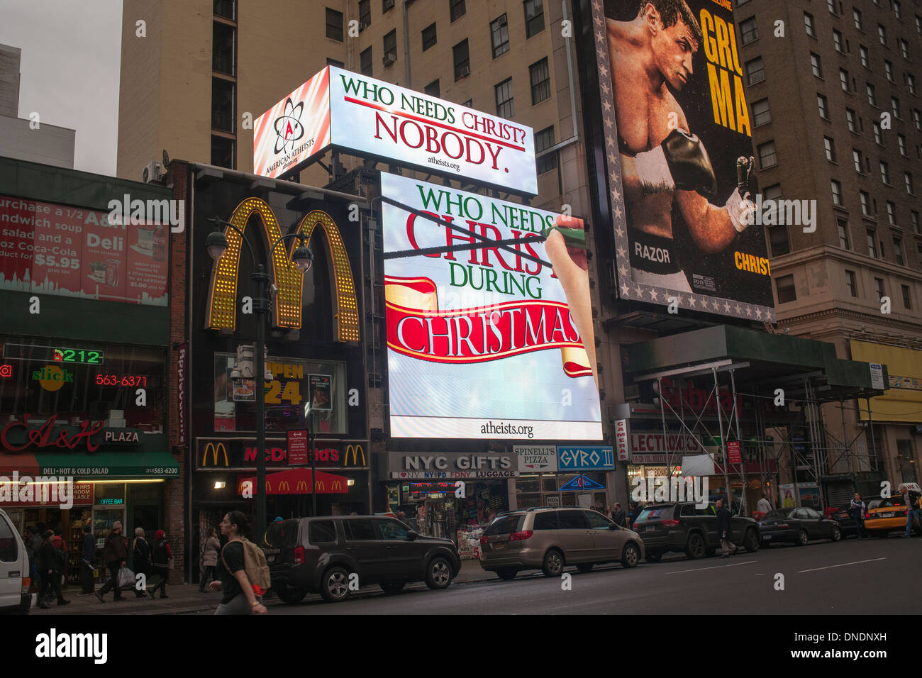 A digital billboard from the American Atheists organization in the Herald Square district of New York Stock Photo