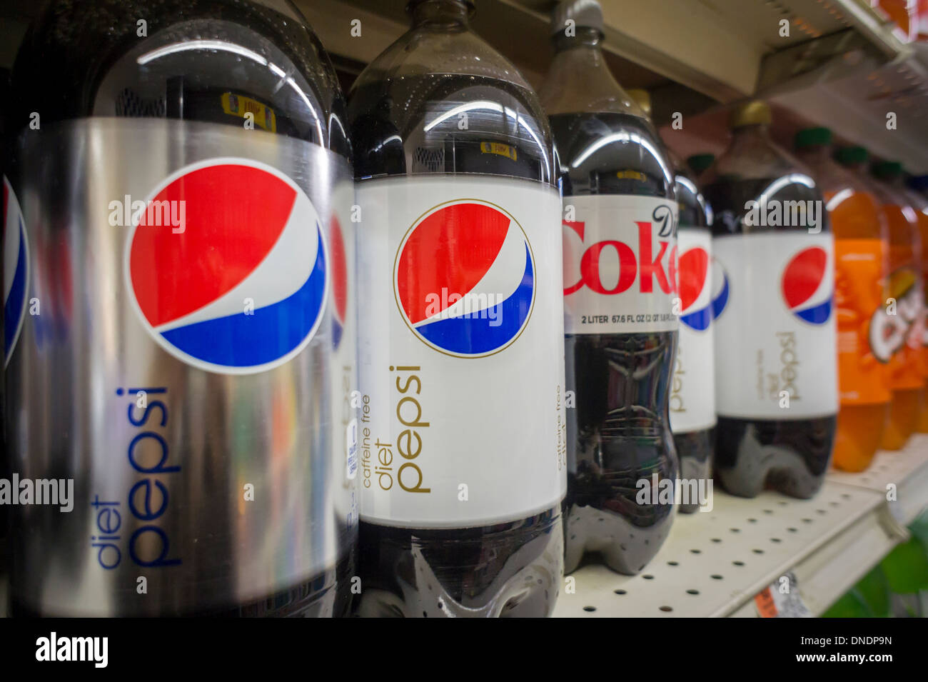 Bottles of Diet Pepsi and Diet Coke are seen on a supermarket shelf in New York Stock Photo