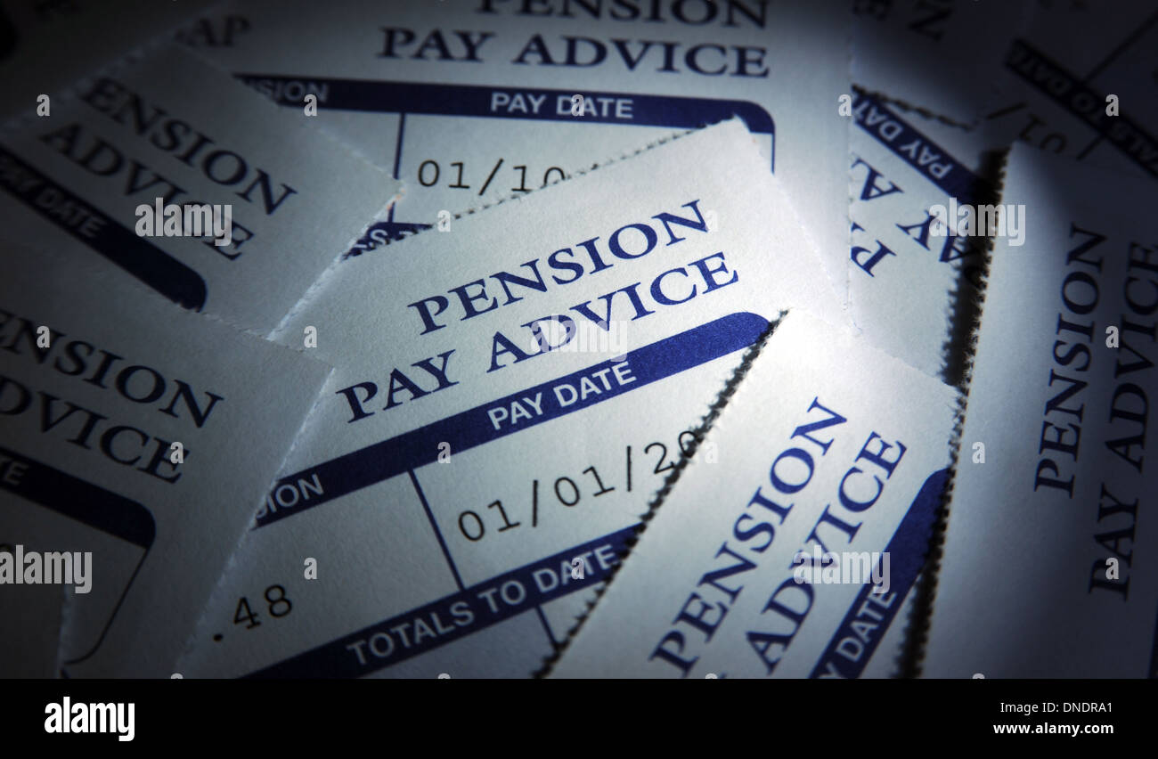 PRIVATE PENSION PAY ADVICE SLIPS  RE THE ECONOMY HOUSEHOLD BUDGET RISING PRICES WORKPLACE PENSIONS COMPANY  ELDERLY STATE UK Stock Photo