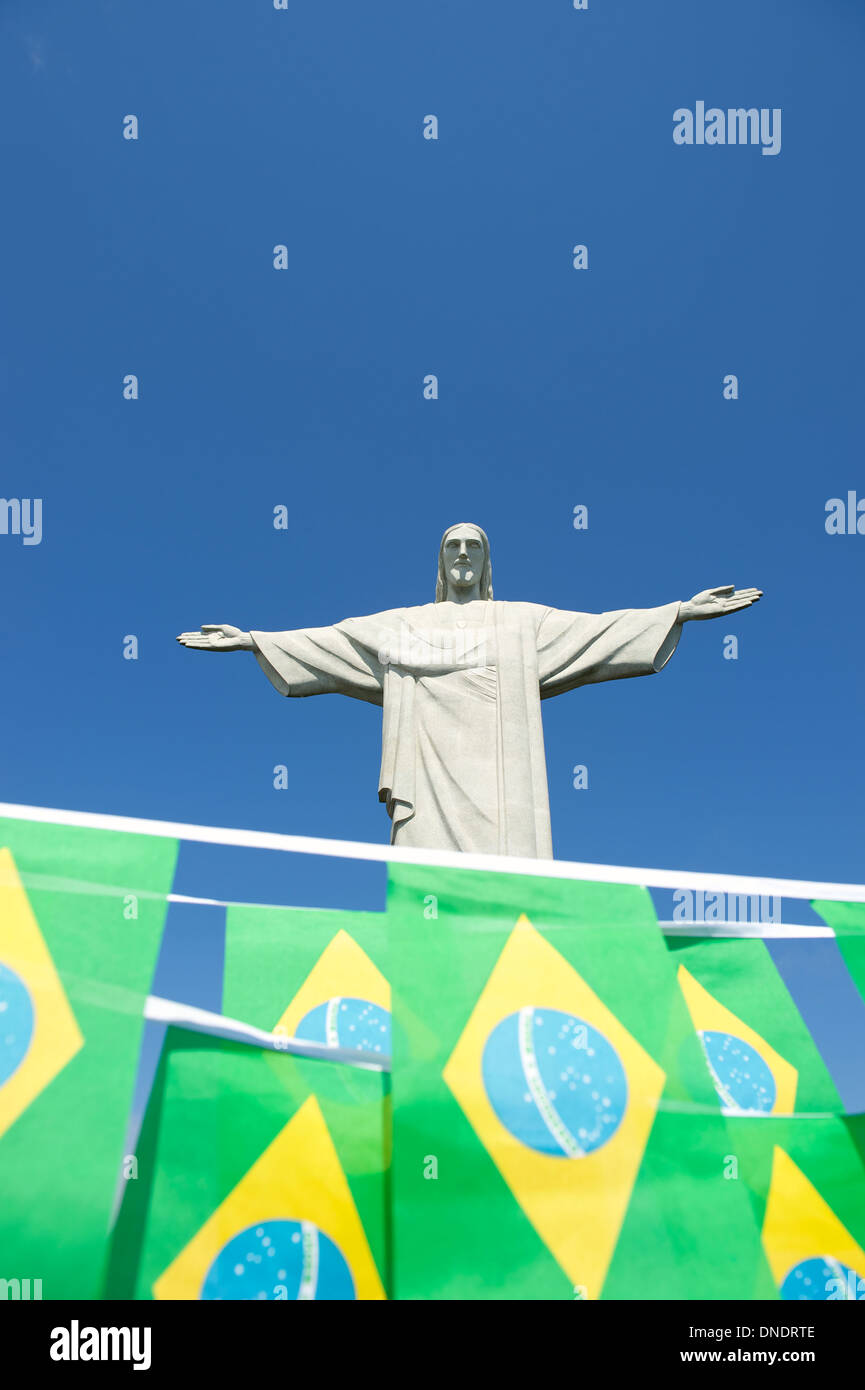 Brazilian flag bunting hanging at Corcovado Christ the Redeemer Rio de Janeiro Brazil Stock Photo