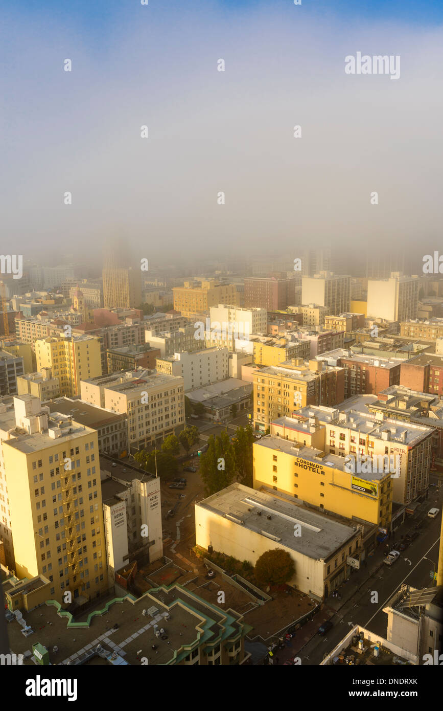 Fog over San Francisco,areal view,looking west from O'Farrell street,California,USA Stock Photo