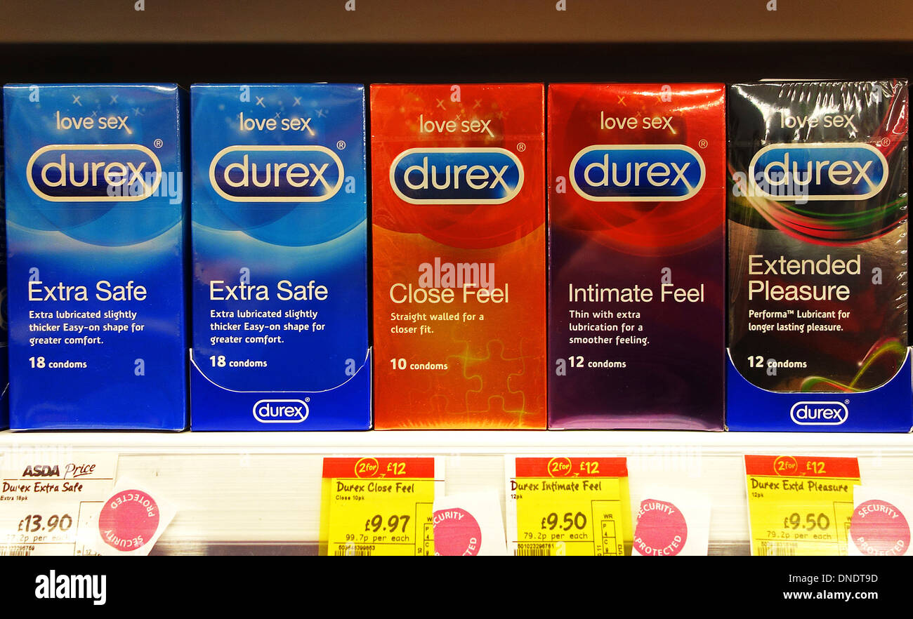 Packs of Durex in a uk supermarket Stock Photo