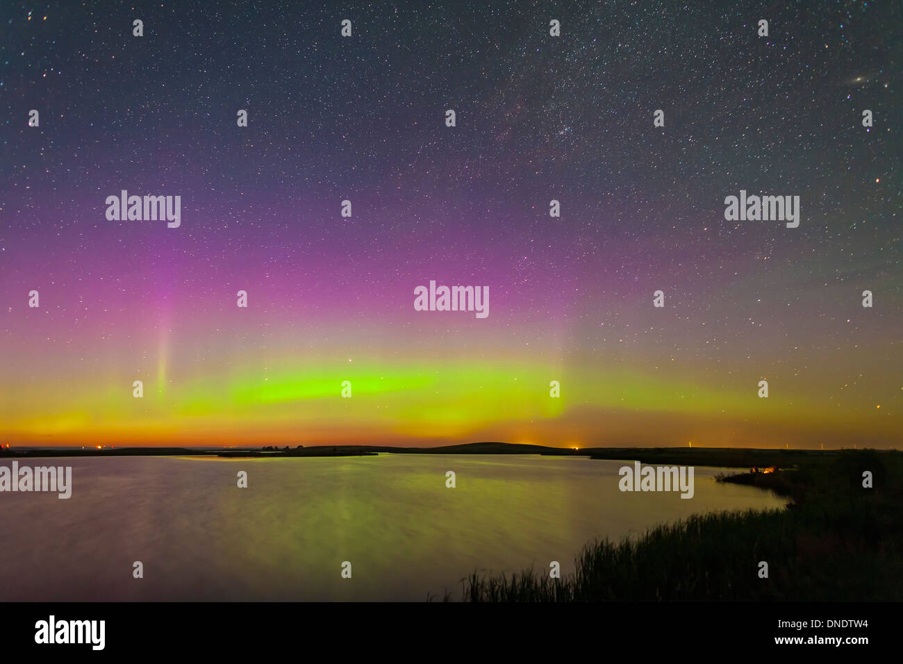 A faint aurora over Crawling Valley Reservoir, Bassano, Alberta, Canada