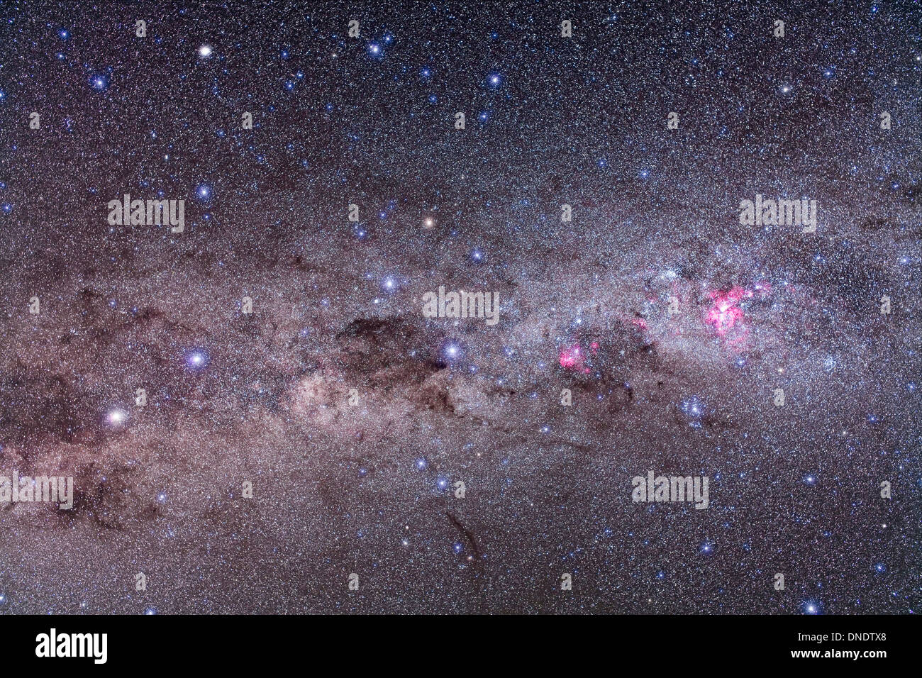 Area of southern Milky Way containing Eta Carinae, Crux and Alpha & Beta Centauri. Stock Photo