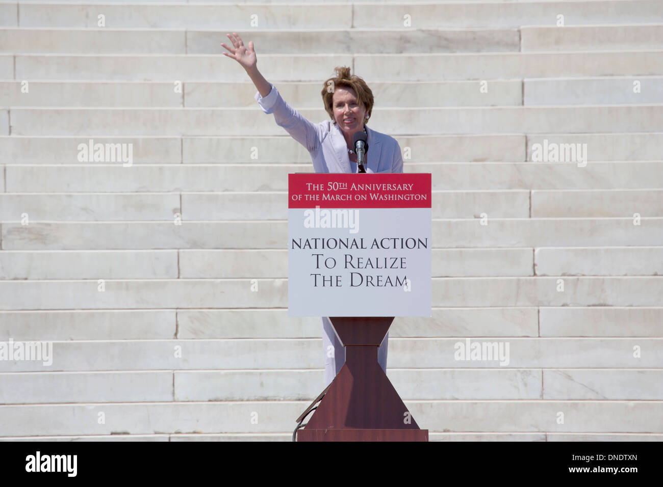 Congresswoman Nancy Pelosi the Majority and Minority House Speaker speaks aNational Action to Realize the Dream march and rally for the 50th Anniversary of the march on Washington and Martin Luther King's I Have A Dream Speech, August 24, 2013, Lincoln Me Stock Photo