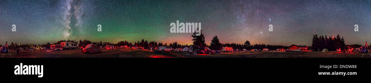 A 360 degree panorama with aurora and bands of airglow at a Summer Star Party. Stock Photo