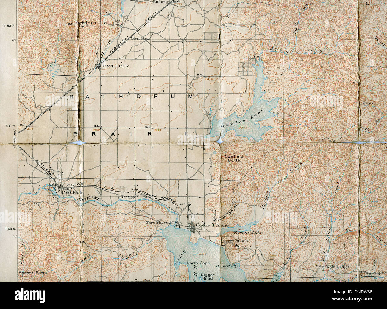 1903 Folded Map of Rathdrum Prairie, Idaho Stock Photo