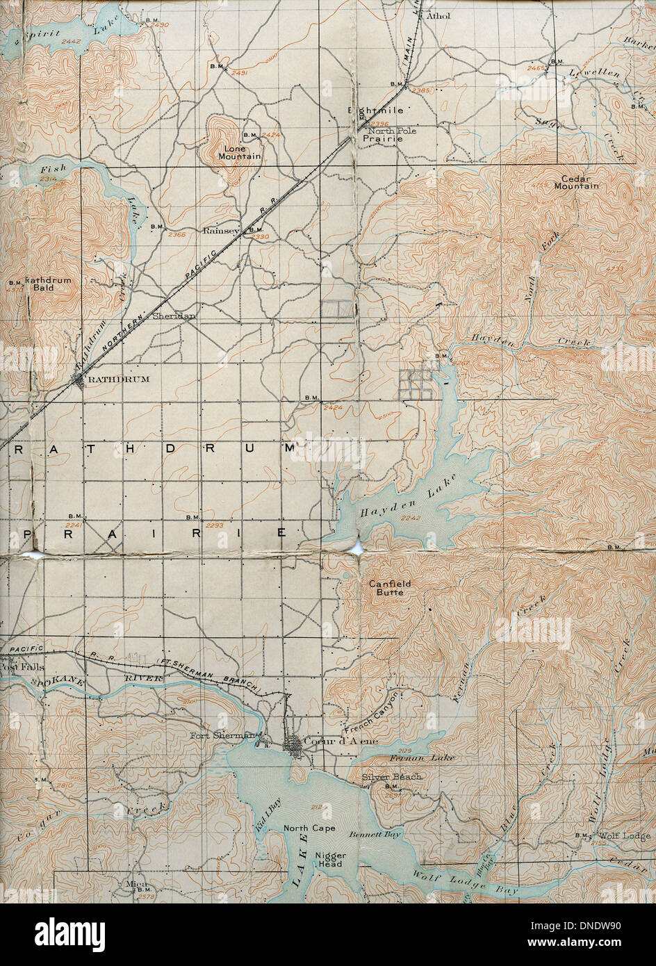 1903 Folded Map of Rathdrum Prairie, Idaho Stock Photo