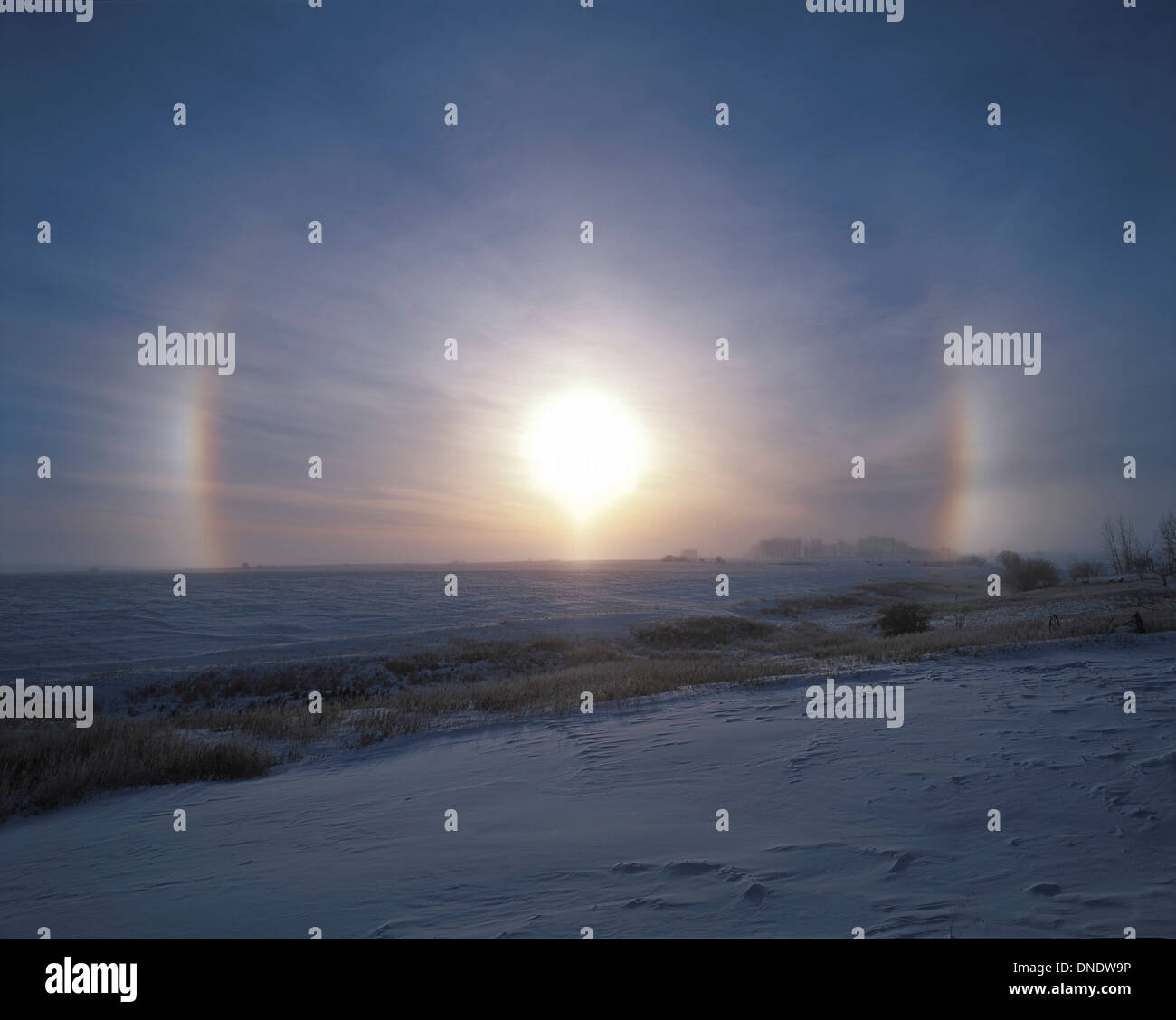Solar halo and sundogs in southern Alberta, Canada. Stock Photo