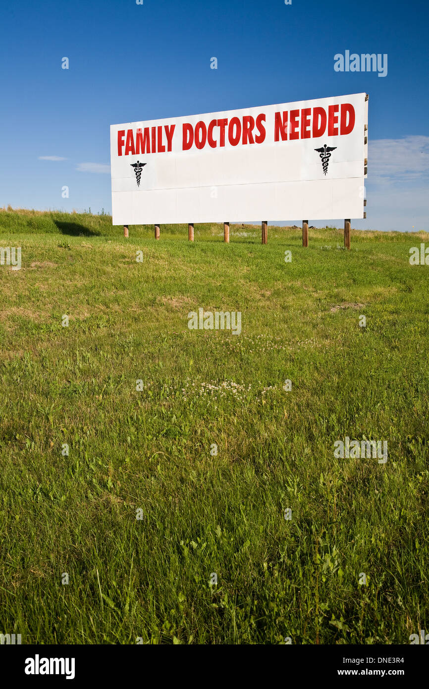Roadside billboard advertising doctors needed in rural communities, Alberta, Canada. Stock Photo