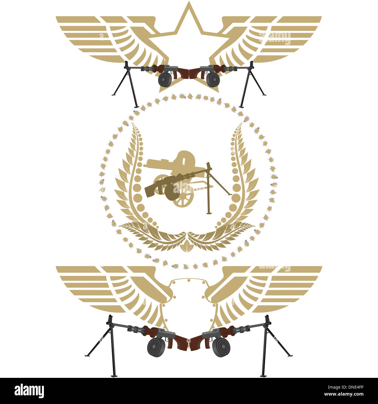 Icons with abstract wings and machine guns. Illustration on white ...