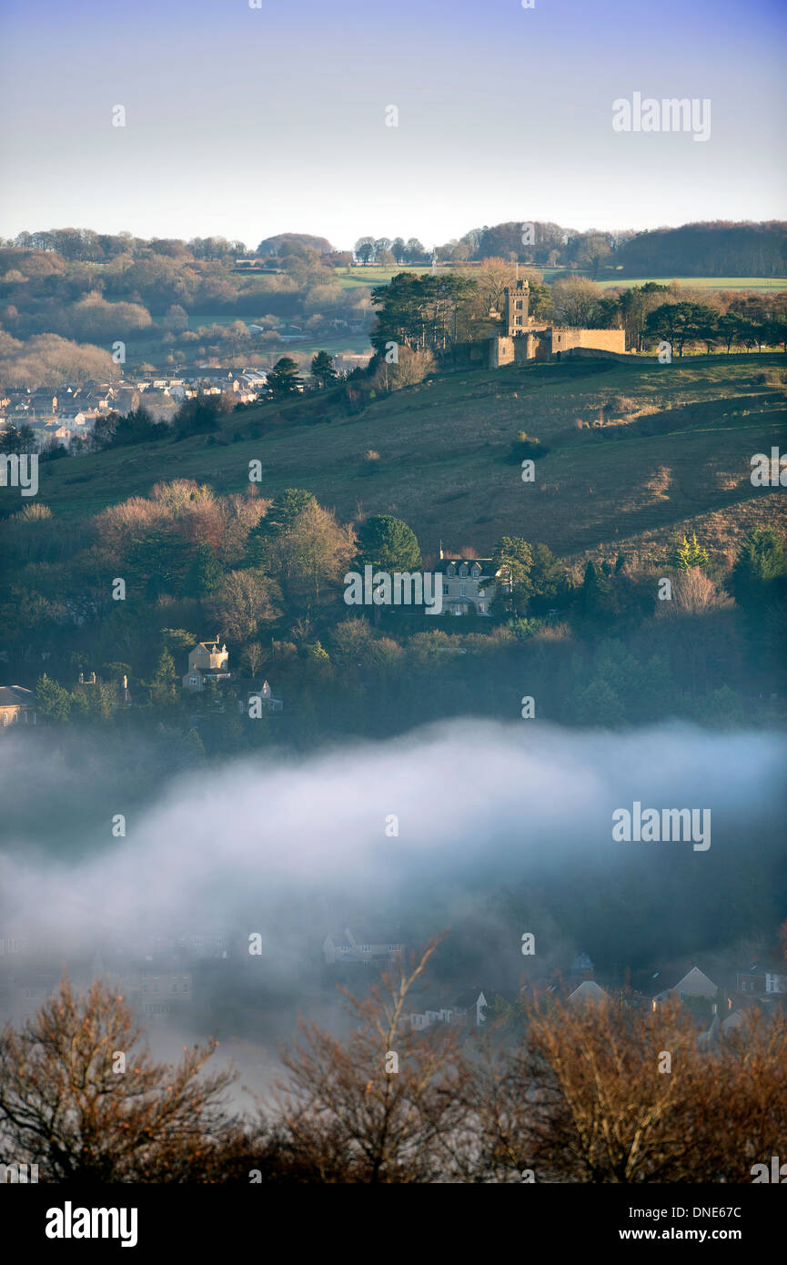 Misty morning in the Stroud Valley, Gloucestershire with Rodborough Fort UK Stock Photo