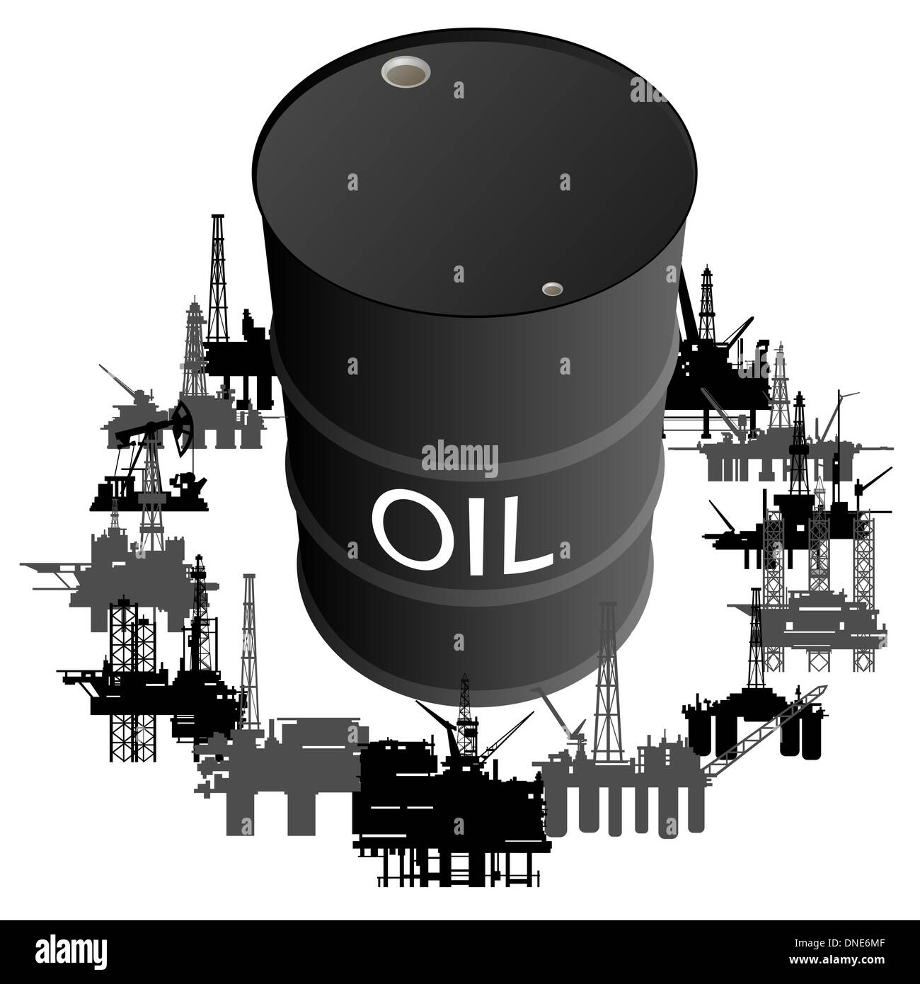 Barrel of oil products and oil platforms. Illustration on white