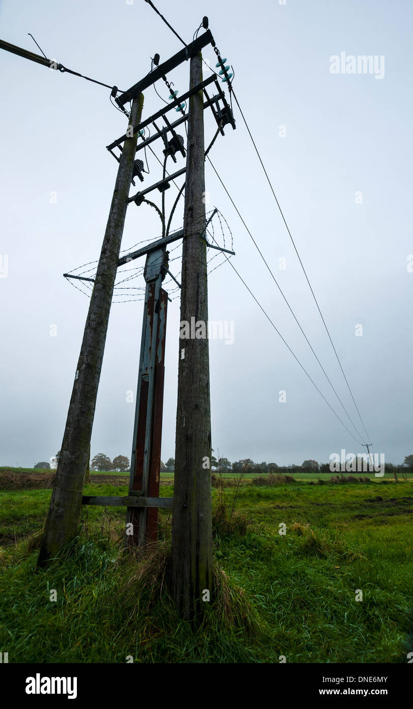 Telegraph pole with glass insulators, and electricity wires, in country