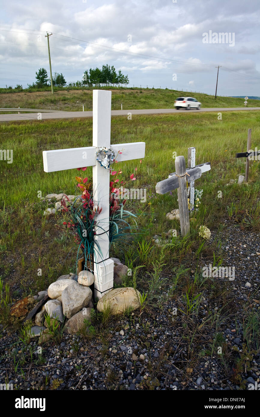 Roadside memorial crosses near Cochrane, Alberta, Canada. Stock Photo