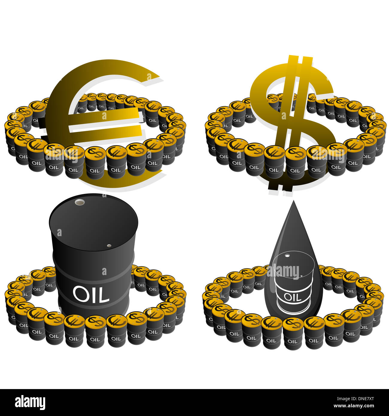 Barrel of oil products and oil platforms. Illustration on white