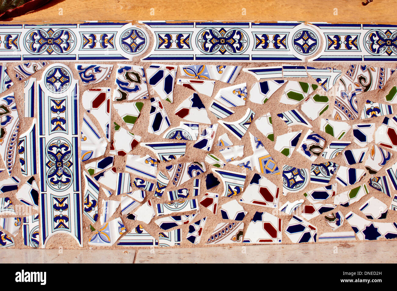 Tile mosaic seat detail, Morro Jable, Fuerteventura, Canary Islands, Spain. Stock Photo