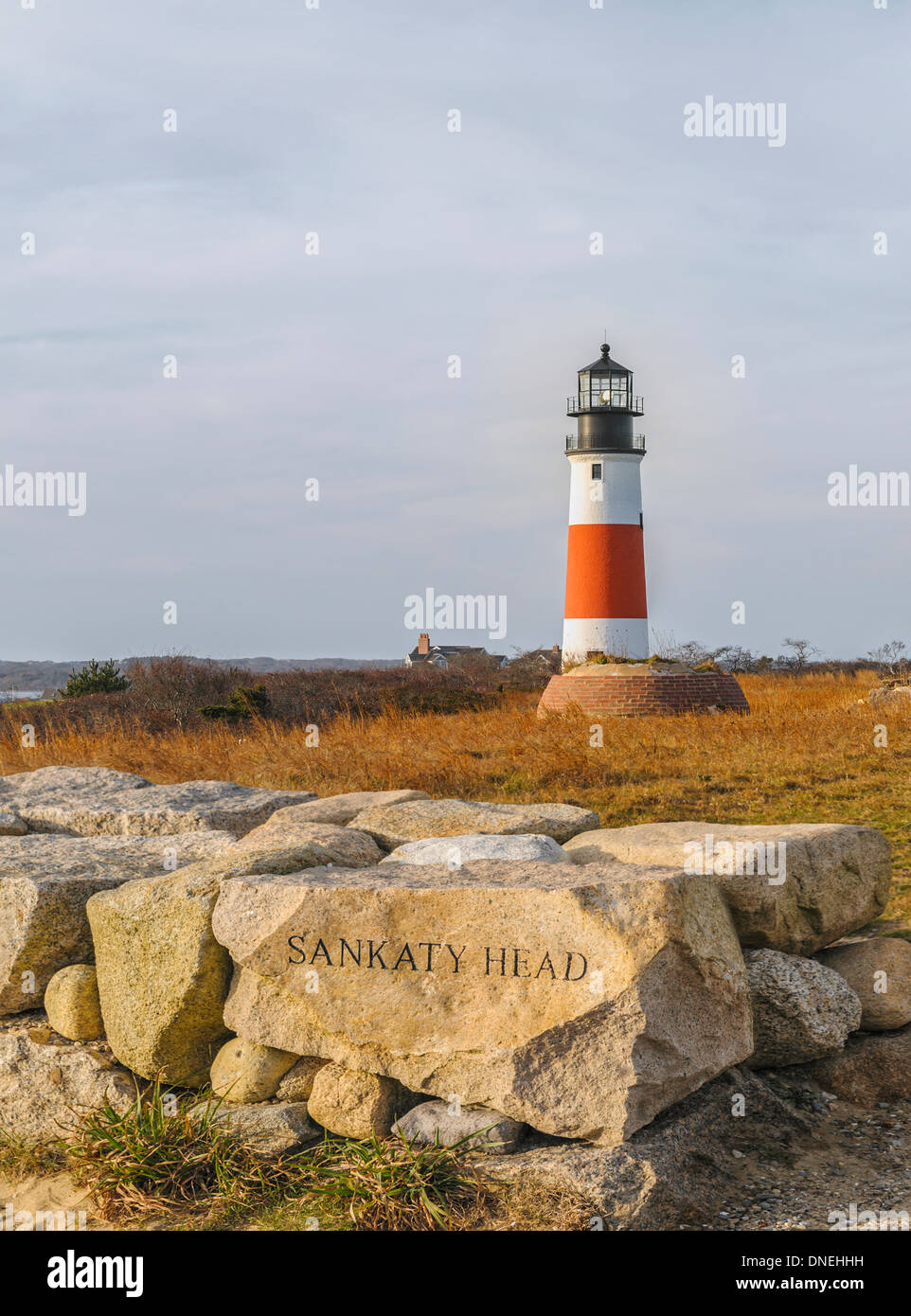 Sankaty Head Lighthouse white red stripe autumn fall Nantucket island Cape  Cod Massachusetts USA chiseled stone wall with name Stock Photo - Alamy