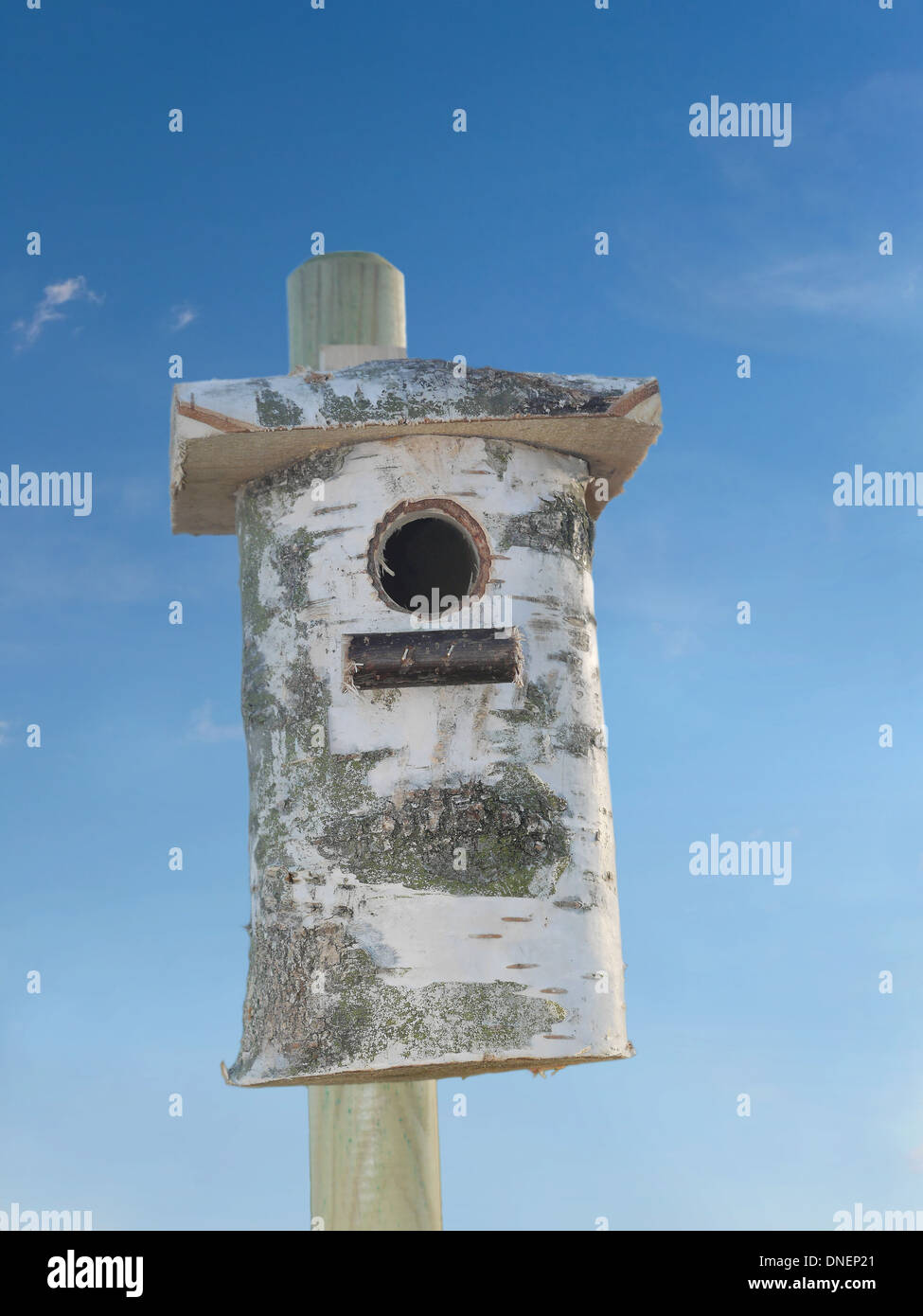 Wooden nesting box over blue sky Stock Photo