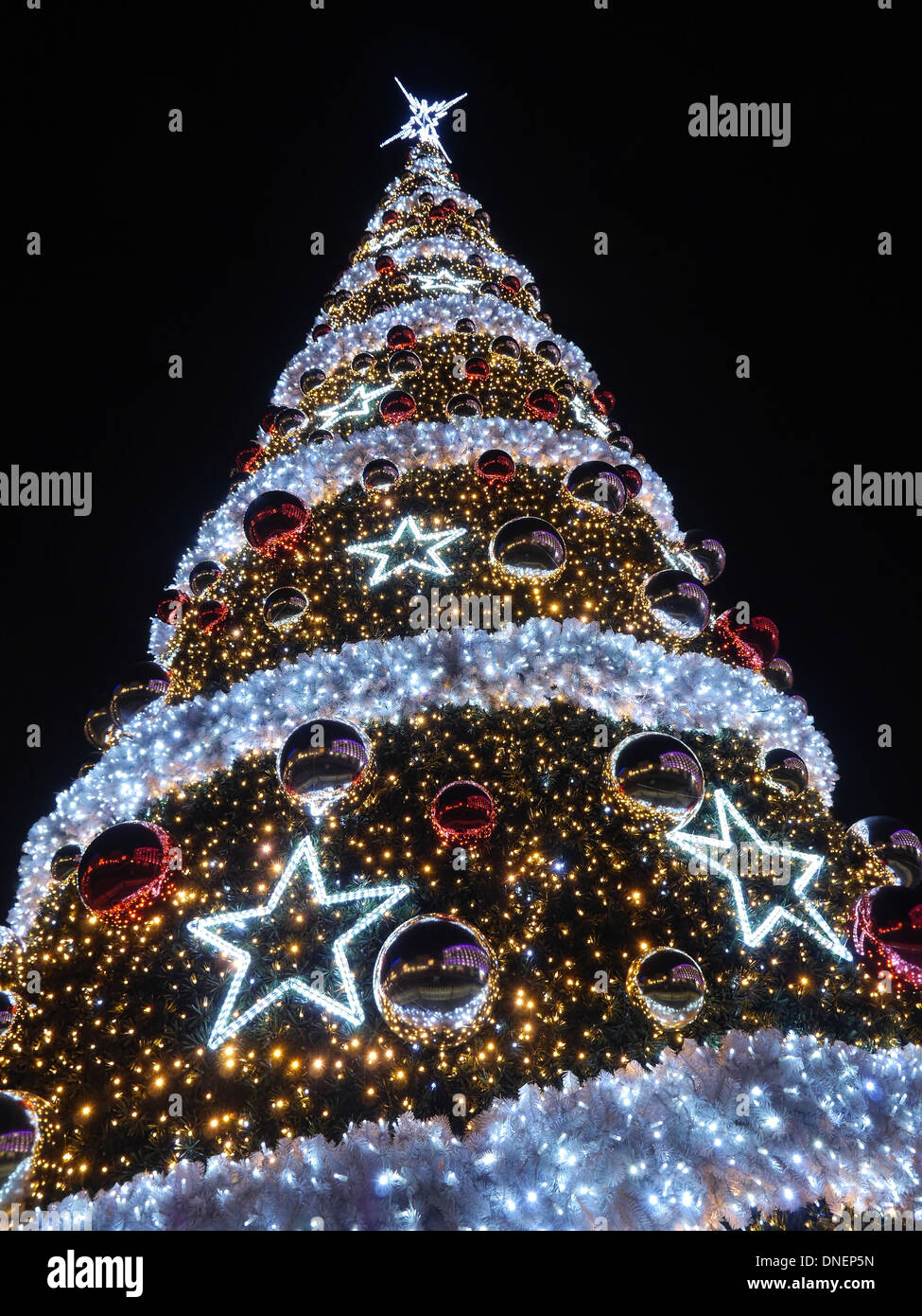 giant outdoors christmas tree illuminated at the evening night against dark blue sky stock image - Giant Outdoor Christmas Decorations giant outdoors christmas tree illuminated at the evening night against dark blue sky stock image - Giant Outdoor Christmas Decorations