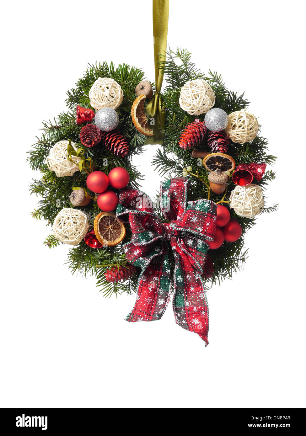 Christmas wreath with decorations and ribbon bow isolated on white Stock Photo