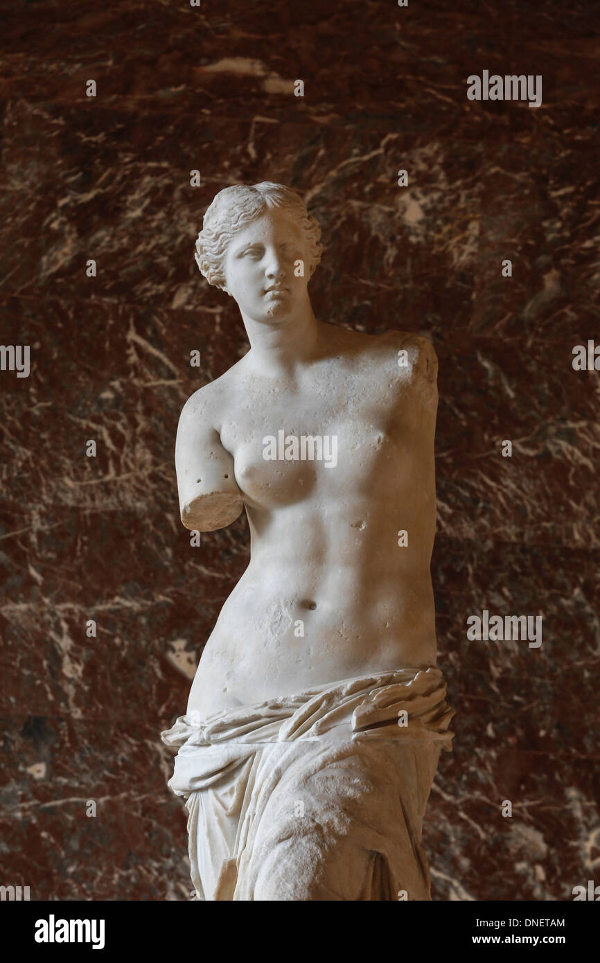 Aphrodite of Milos, better known as the Venus de Milo, on display at the Louvre Museum, Paris, France Stock Photo