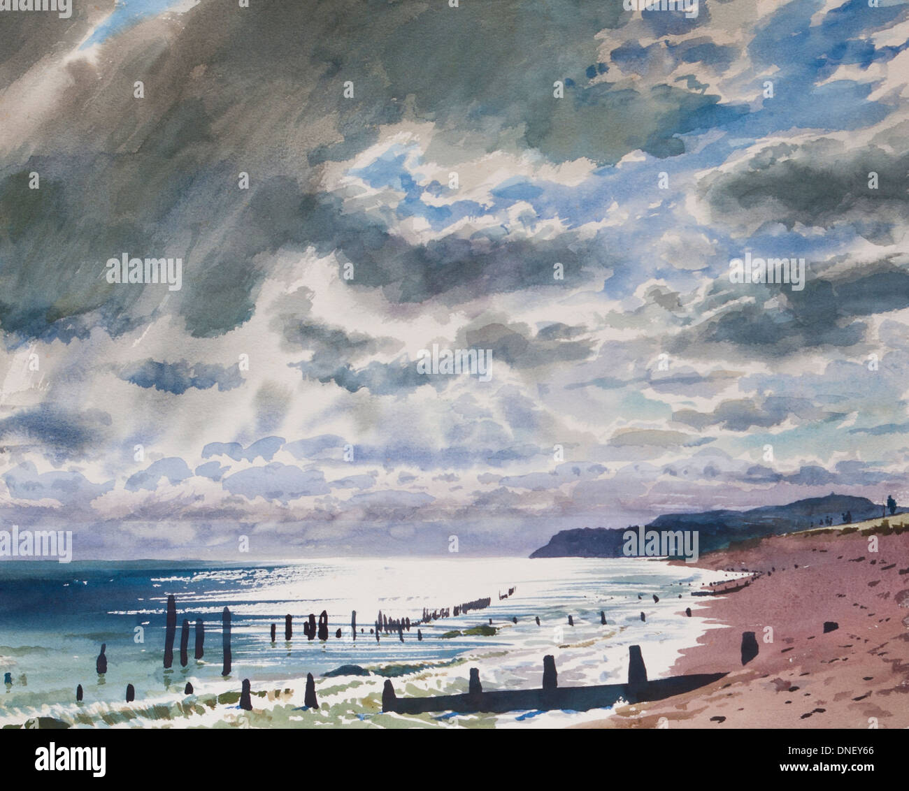 The Groynes On Winchelsea Beach east Sussex Uk Watercolour painting Stock Photo