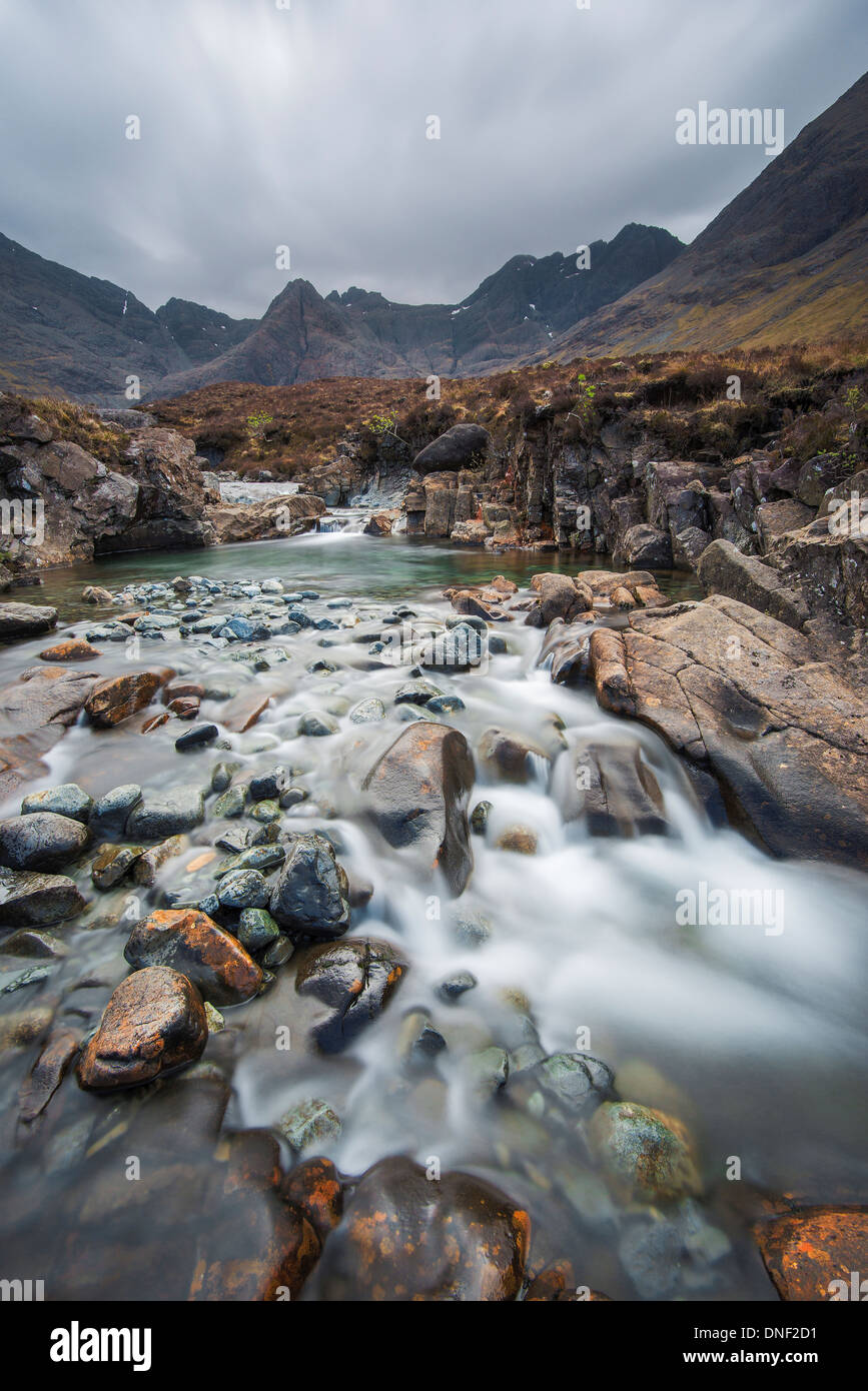 The Fairy Pools with the Cuillins in the background on the Isle of Skye, Scotland. Stock Photo