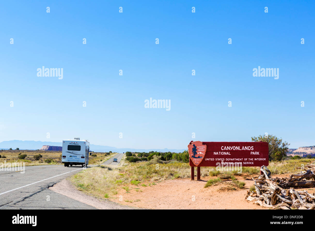 Camper van at the entrance to Island in the Sky section of Canyonlands National Park, Utah, USA Stock Photo