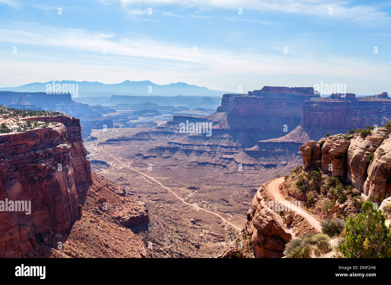 View of Shafer Canyon & Shafer Canyon Road from outside Visitor Center, Island in the Sky, Canyonlands National Park, Utah, USA Stock Photo