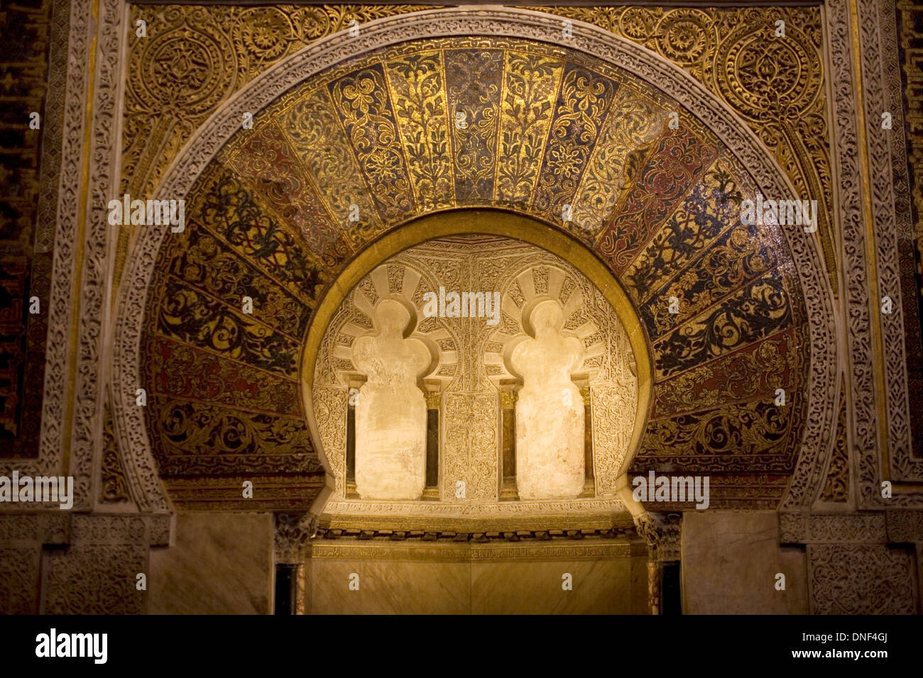The horseshoe arch of the Mirhab of the Mosque-Cathedral of Cordoba, Andalusia, Spain, April 18, 2011. Stock Photo