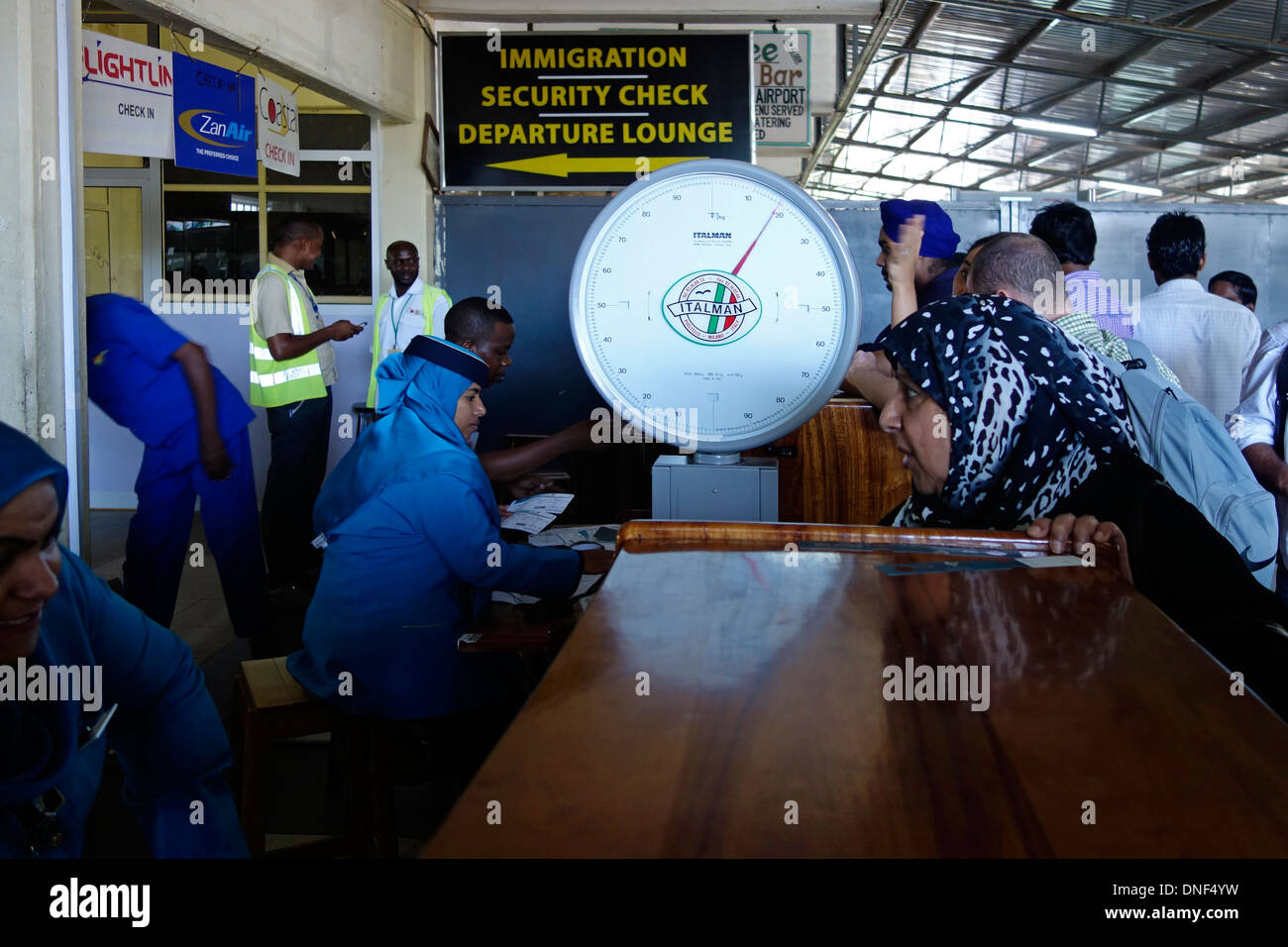 Check in counters at Abeid Amani Karume International Airport the main airport in the Zanzibar Archipelago located on Unguja Island south of Zanzibar City, the capital of Zanzibar a semi-autonomous part of Tanzania, in East Africa Stock Photo
