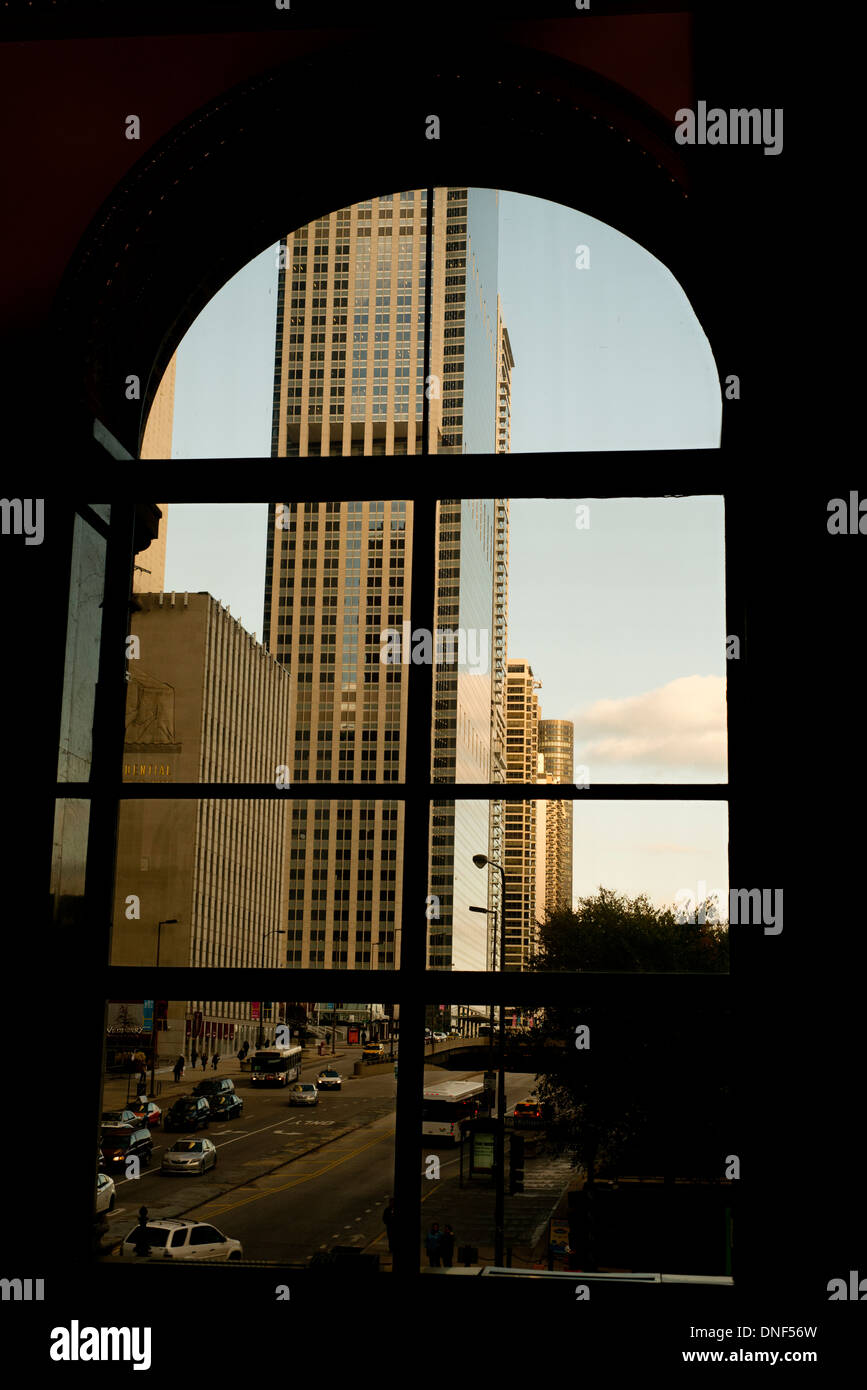 Downtown Chicago framed in a window of the Chicago Cultural Center