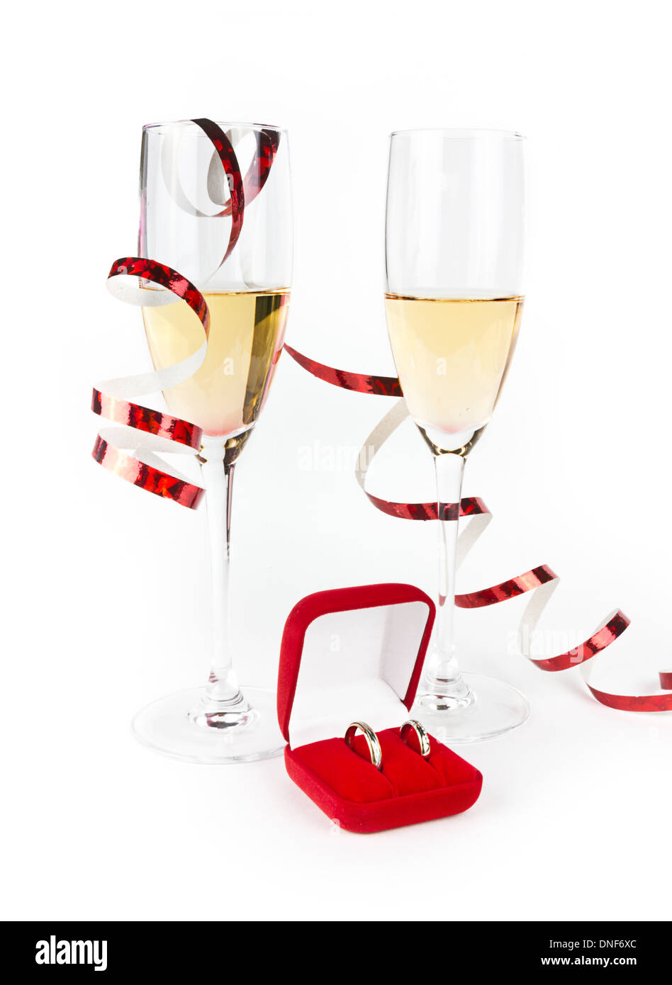 Champagne glasses and rings in present box Stock Photo