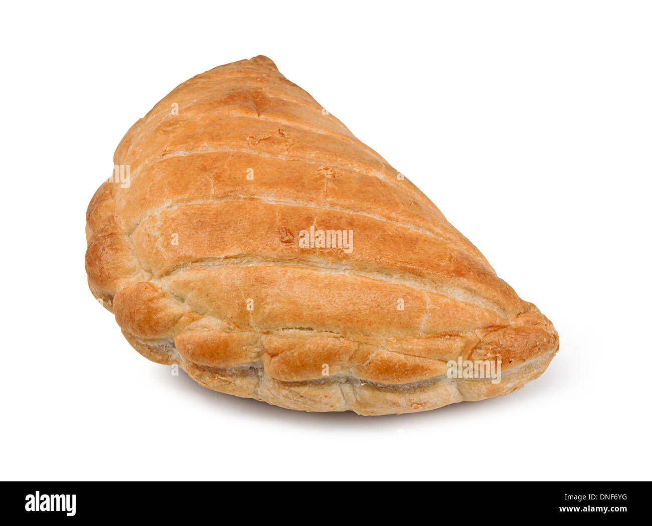 A Single Cornish Pasty isolated against a white background Stock Photo