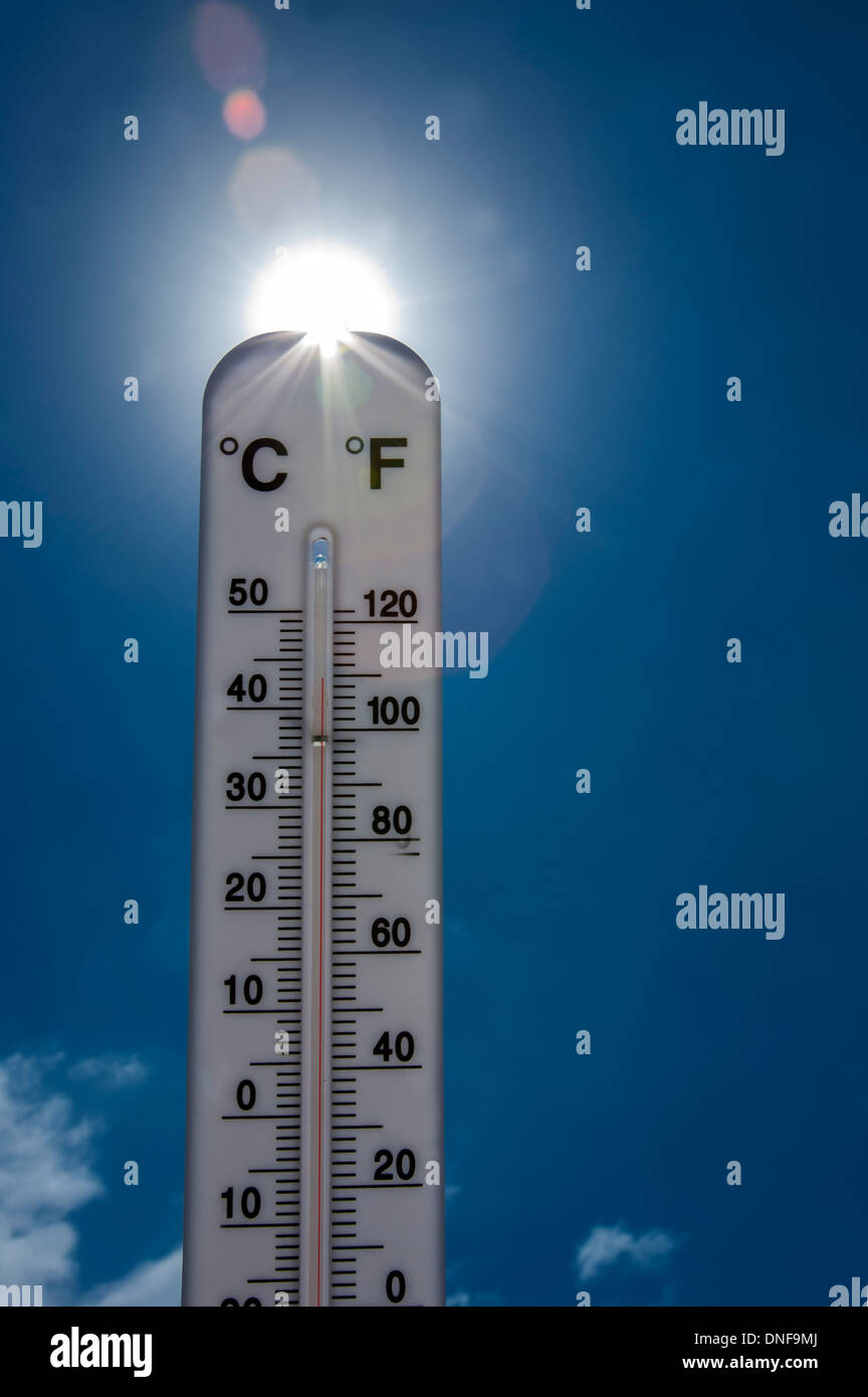 Wooden thermometer with red measuring liquid showing high temperature over  32 degrees Celsius on background of blue sky with clouds. Concept of heat w  Stock Photo - Alamy
